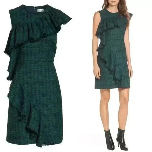 Chelsea28 green black plaid ruffled sheath dress size 4P - Picture 1 of 14